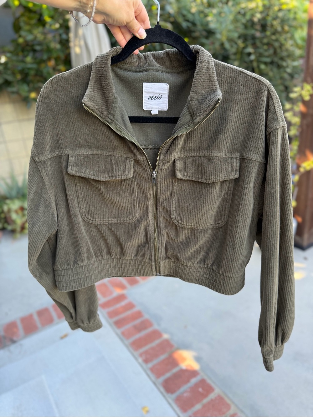 Aerie Olive Green Corduroy Cropped Utility Jacket M/M Zip Front